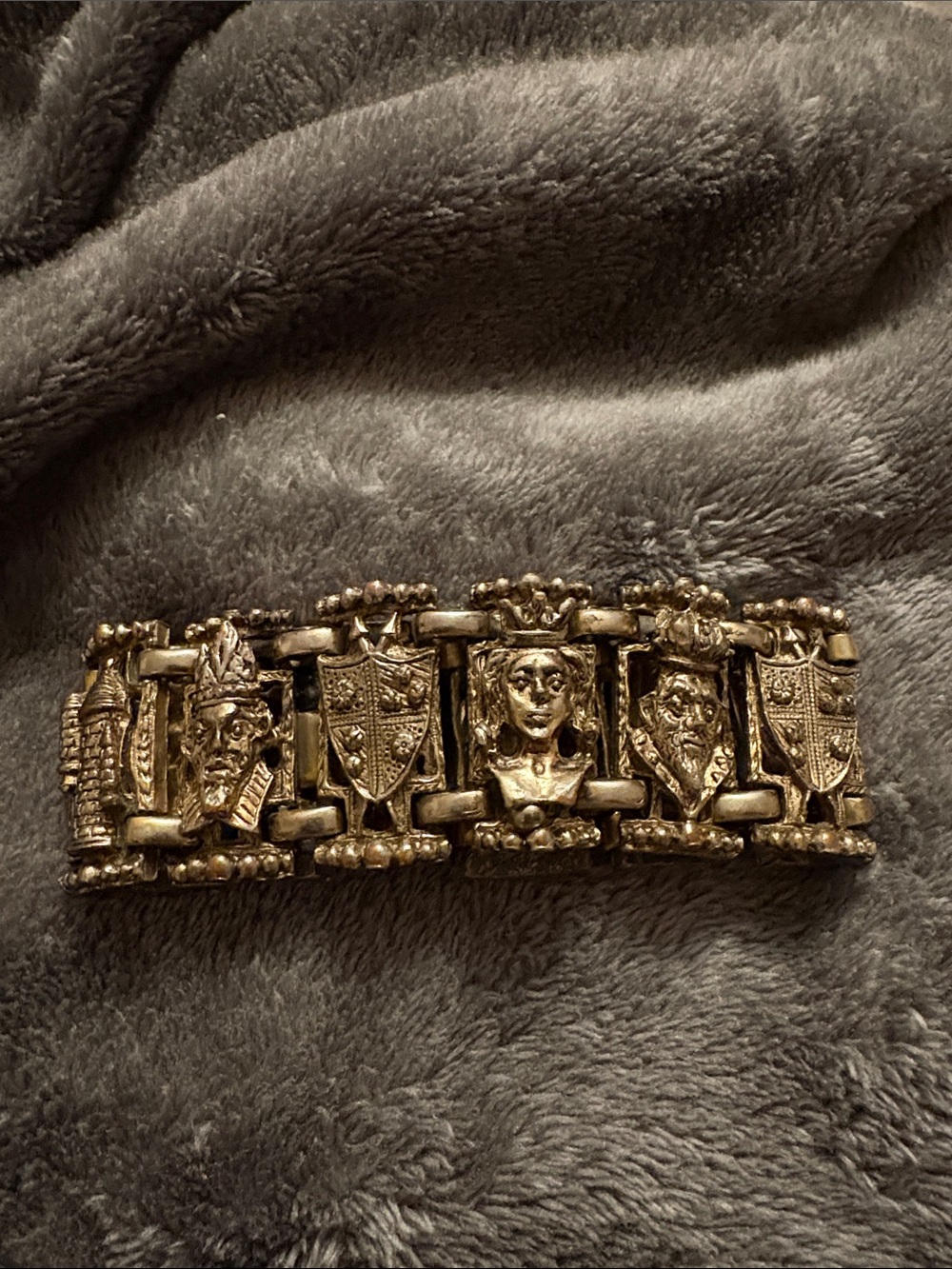 VintageSilvertone Unisex Heraldic Link Bracelet King & Queen Coat of Arms Chess